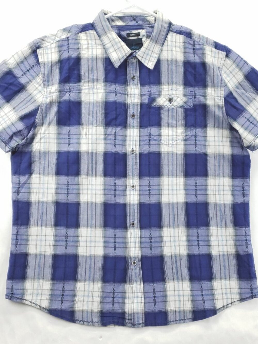Prana Shirt Mens XL Blue White Plaid Short Sleeve Slim Fit Classic Button-Up